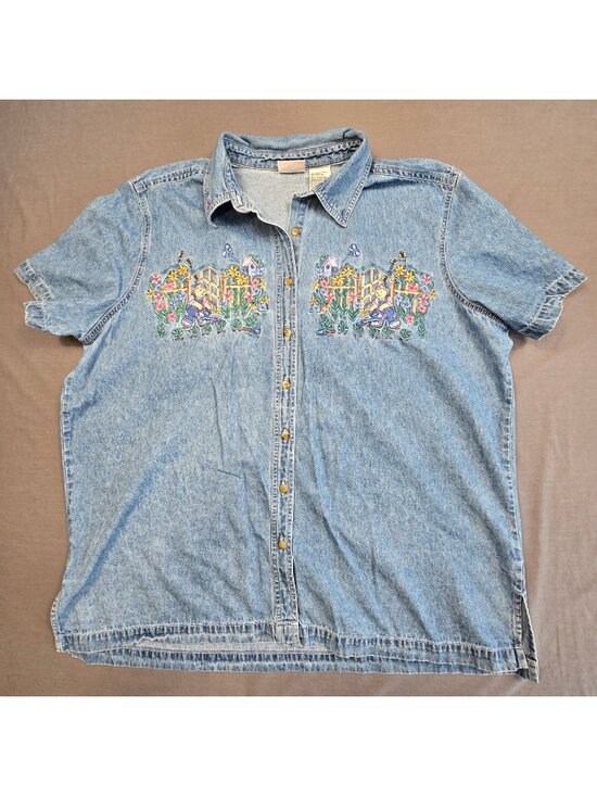 Bobbie Brooks Tops - Bears Garden Denim Button-Up Shirt Embroidered Floral Short Sleeves 18W/20W